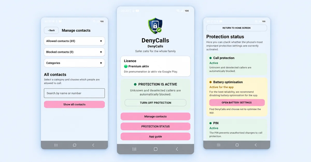 DenyCalls Android app screens for contact management and active call protection